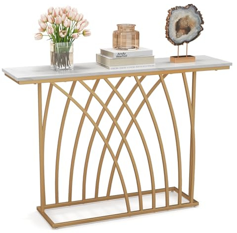 COSTWAY Table Console, Meuble d'Entrée en Faux Marbre, Design Géométrique Moderne, Cadre en Métal Doré, Kit Anti-Basculement Inclus, pour Entrée, Couloir, Salon, 120 x 30 x 80 cm