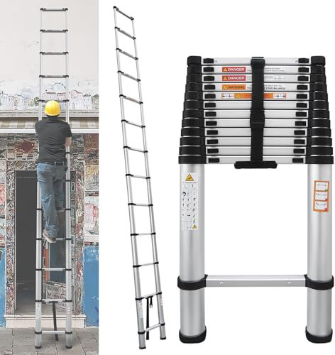 Aluminium Loft Ladder - 12.5ft/3.8M Telescopic, Heavy Duty, Non-Slip, Foldable, Max Load 150kg/330lb, Safety Ladder for Home, Adjustable Step