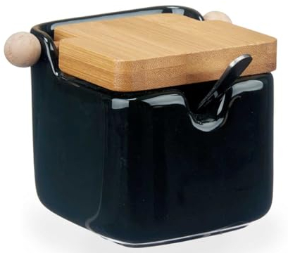 Vessia - Zuckerdose aus Keramik, mit Deckel aus Bambusholz, mit Zuckerlöffel, Zuckerbehälter, Maße 10 x 8 x 8 cm, Zuckertopf, Schwarz