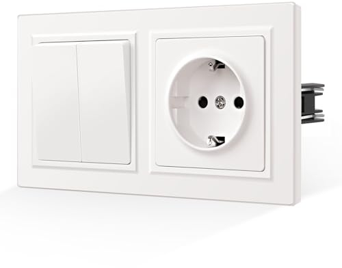 CNBINGO Enchufe Schuko e interruptor de luz con garras – Interruptor basculante de 2 vías de 1 vía empotrado – Enchufe de pared con protección contra niños – Placa mate respetuosa con la piel – Blanco