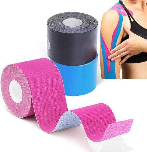 LiangMai Kinesiology Tape (3 Rolls,5cm*5m) Waterproof Sports Tape for Athletes Physio Elastic Tape Muscle Tape for Knee, Shoulder, Ankle, Plantar & Body Support & Kinetic, Flexible(Black+Blue+Pink)