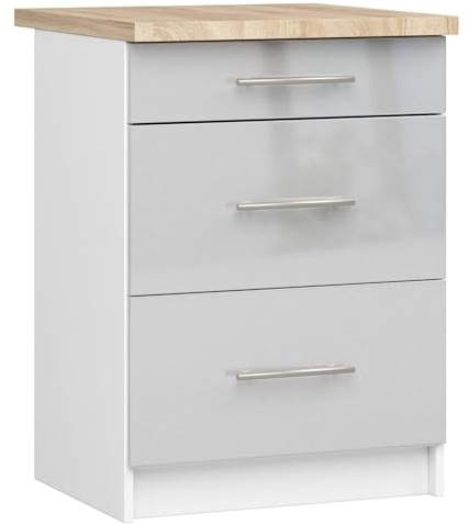 AKORD | Küchenschrank mit Arbeitsplatte - Oliwia S60 | Küchenunterschrank mit 3 Schubladen | Unterschrank Küche 60 cm Breit | ABS-Kante 18 mm | 46 x 60 x 85 cm | Weiß & Metallic-Glanz