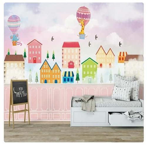 Benutzerdefinierte Fototapete Rosa Heißluftballonhaus Weiße Wolken Wandbilder Wohnzimmer Kinderzimmer Hintergrund Dekor Wandtuch*200cmx140cm(78,7x55,1inch)
