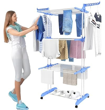 Trendi 4 Tier Foldable Clothes Drying Poll/Rack | Adjustable Hanger Large Stainless Steel Laundry Rack | 360° Rotating Arms, Large Drying Space and Rolling Wheels for Indoor/Outdoor Use