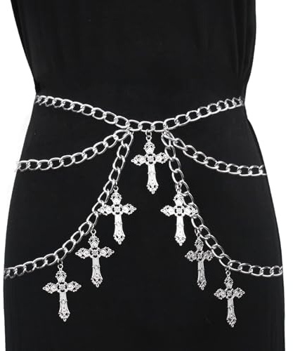Goth Belt - Harness Women Belt, Chain Belts, Body Chains for Women, Gothic Gifts, Gothic Cross Waist Chain Belts, Punk Alloy Hollow Cross Pendant Multi-Layer Body Chains with Wavy Side Swing