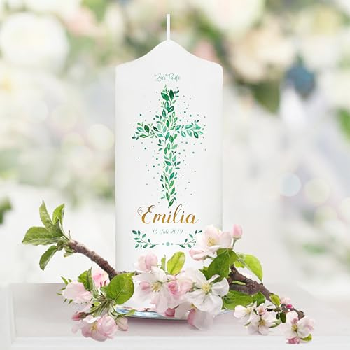 Wandtattoo Loft Taufkerze Junge personalisierte Patenkerze, Motiv Heiliges Kreuz aus grünen Blättern, 18cm x 7cm