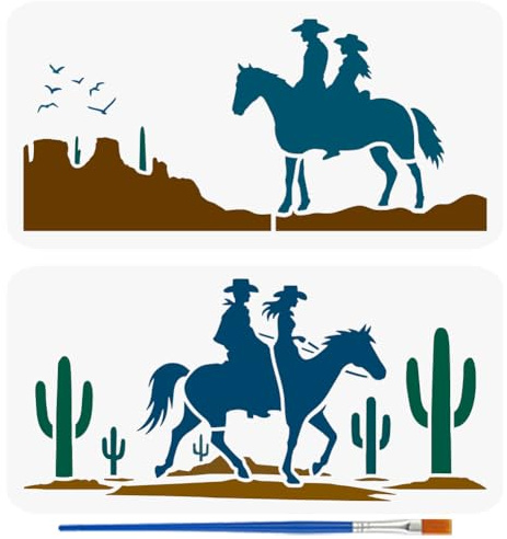 FINGERINSPIRE 2 Stück Cowboys Liebhaber Schablonen Mit Einem Pinsel 30x15cm Wüstenkaktus Malschablonen Wiederverwendbare Pferde Zeichenschablonen Tribal Thema Sprühvorlage Für Wand Stoff Boden