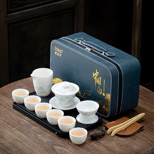 ICHAG Juego de té Gongfu, tetera china de jade Gaiwan y Yangzhi para adultos, funda de cuero azul de 13 piezas con mascota de té, teteras y tazas de jade blanco puro, regalos para el hogar/exterior
