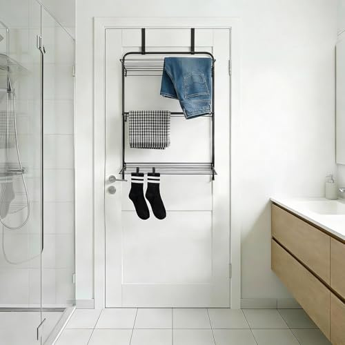 OHS Over Door Clothes Drying Rack, Tiered Foldable Drying Rack Easy to Pull and Open Over Door Airer Indoor Outdoor Multi-Tiered Design Clothes Airer, Black