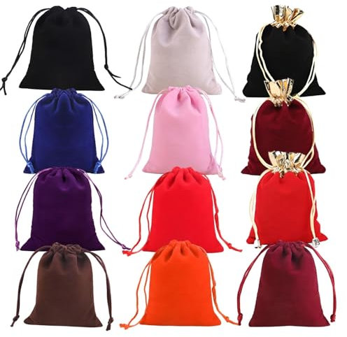 Lyivisk 24 Sacchetti in Velluto con Cordino 12 Colori - Bustine Morbide per Gioielli, Anelli, Matrimoni, Feste e Regali - Confezione Regalo