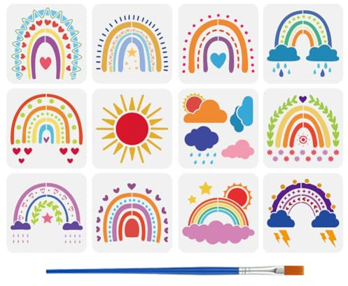 FINGERINSPIRE 12 Pz Stencil Arcobaleno Meteorologico da Dipingere con Pennello, 20x20cm Modello Sole Nuvola Cuore Stelle Foglie di Ulivo Pioggia Tuoni Fulmini Stencil a Tema Natura per Decorazione