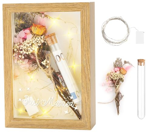 WALLFID Geldgeschenke, Geldgeschenke mit Bilderrahmen,einschließlich Trockenblumen,Fotorahmen,Reagenzgläsern aus Kunststoff,Lichterketten,Schreibtischdekorationsgeschenke (Just Married)