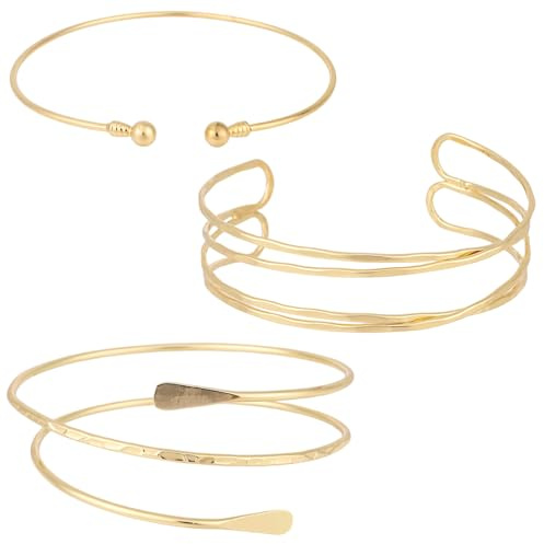 Mikovivi 3pcs Gold Arm Bracelets for Women, 3 Design Adjustable Boho Upper Arm Band Open Cuff Bangle Fashionable Coil Swirl Armband Jewelry for Summer Beach Bohemian Gift
