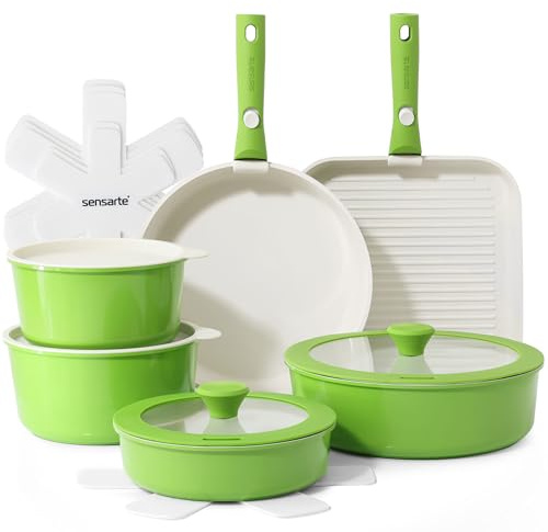 SENSARTE Nonstick Kastrullset med Avtagbart Handtag, Stekpanna Set med Lock, Köksredskapsset för Induktion, Lämplig för Alla Spisar (Grön, 17 pezzi)