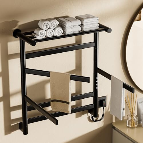 360W Scaldasalviette Elettrico Bagno con ripiano Superiore, Radiatore Scaldasalviette con 5 Barre (3 Barre Girevole 180°), Parete Termoarredo Elettrico, Controllo Tattile 35-70°C, IPX4, Nero
