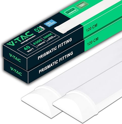 V-TAC 2x Feuchtraumleuchte LED 120 CM - 40W - PRO SERIES - Rechteckige Lampe 4300 Lumen IP20 für Wand, Garage, Lager - LED Röhre - Prismatische Deckenleuchte LED - 2-ER PACK - Licht 3000K Warmweiß