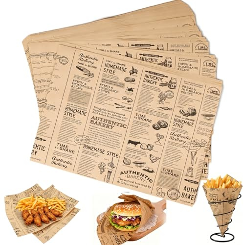 100 hojas de papel de horno Deli con aspecto de periódico, corte de papel de pan, 38 x 28 cm, papel de horno orgánico sin pfas, papel para envolver hamburguesas, pan de mantequilla, queso, patatas