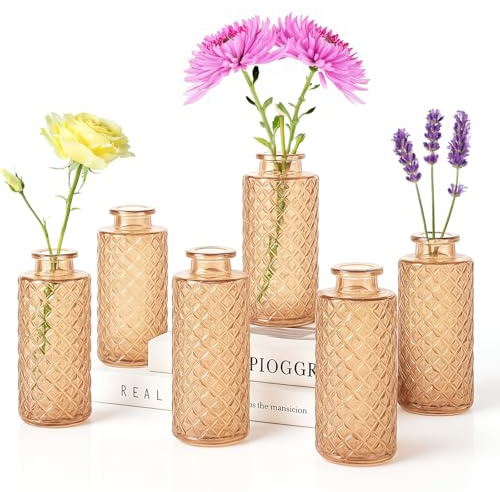 ARATERVIO Glasvasen Klein – Vintage Blumenvasen für Tischdeko, Hochzeitsdeko & Home Decor (13cm Hoch, Diamantmuster), Mini Vasen als Teelichthalter oder Deko-Glas (Bernstein- Set of 6)