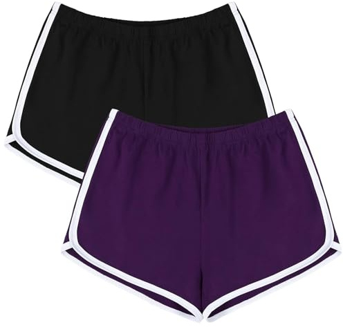 URATOT Lot de 2 Shorts de Sport en Coton pour Femme, Noir/Violet, Taille XL