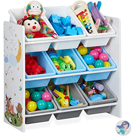 Relaxdays Kinderregal, 9 Aufbewahrungsboxen, Lagerfeuer Motiv, MDF, Kunststoff, Spielzeugregal HBT: 67x65x31,5 cm, bunt