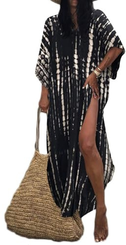 Bsubseach Strandkaftan med tryck för kvinnor, klänning, kortärmad, plusstorlek, baddräkt, överdrag, C-Svart, en storlek