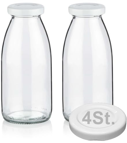 Geniess-Bar! 2 Milchflaschen 250ml mit 4 Deckel BPA frei Saftflaschen Glasflaschen 0,25L auch erhältlich mit 5/8/15 Flaschen Weithalsflaschen leer zum Befüllen Schraubdeckel