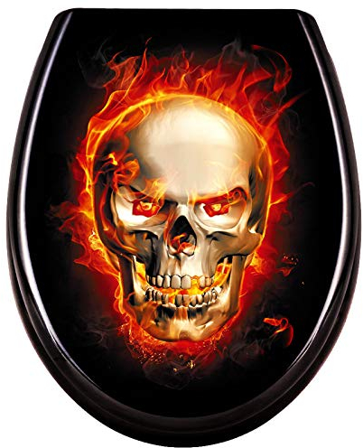 XMTECH WC Sitz Toilettendeckel Absenkautomatik mit Absenkautomatik/Softclose, Universal Größe Toilettensitz aus Hartplastik Klodeckel aus Duroplast - Schädel Flammen