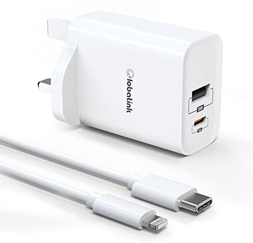 GlobaLink iPhone Fast Charger Cable and Plug，32W 2-Port USB C Fast Charger Plug with 2M USB C Lightning Cable，PD 20W USB C & 12W USB A Port for iPhone 13 12 11 Pro XR X 8 Plus 7 6s iPad Pro