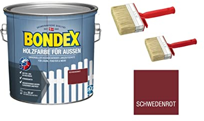 zbs24 Bondex Holzfarbe für Außen, hochdeckender Wetterschutzanstrich, Wetter- & UV-beständig, atmungsaktiv inkl. 3-teiligem Pinselset (schwedenrot, 2,5 Liters)