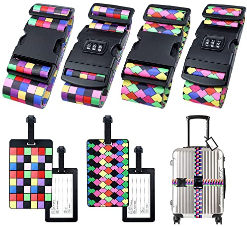 Hivia 4 Stück Koffer Band Set - Koffergurte 4 Stück+4er Koffer Markierung,Kofferband mit Schloss Zubehör Adjustable Multifunktional Luggage Strap|Gitter