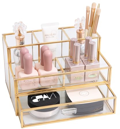 HARLIANGXY Organizzatore Cosmetico con Cassetti, Organizer per Trucchi in vetro, Organizzatore di Trucco, Contenitore per Cosmetici, Porta Pennelli Make Up, Organizzatore di Profumi, Oro