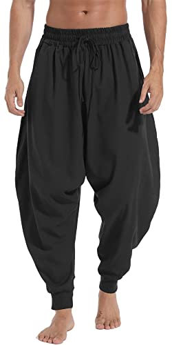 GUDEUBAI Mens Casual Harem Pants Baggy Elastic Drawstring Waist Aladdin Hippie Pant, B-black, Large