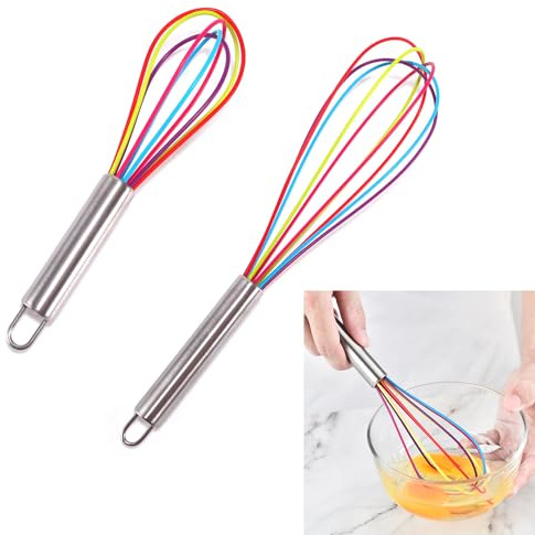 2 Pcs Silicone Whisk Set Manual Egg Beater Stainless Steel Wire Hand Whisk Rainbow Colourful Non-Slip Handle 8 Inch 11 Inch Kitchen Balloon Whisk Egg Stirrer for Mixing Blending Cooking Baking