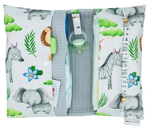 Große Windeltasche für unterwegs mit Namen personalisiert - für Mädchen und Jungen - Wickeltasche mit Waffelpique - Savannentiere Afrika Löwe Elefant Zebra - weiß, grau, bunt