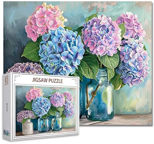 Tucocoo Puzzle hortensia adulte 1000 pièces, vase à fleurs, vase, puzzle d'art vintage, multicolore, pour décoration de la maison, cadeaux, puzzles familiaux, parfait pour les soirées