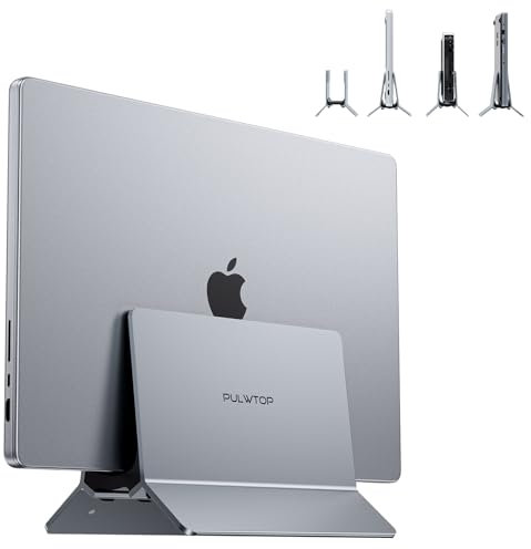 PULWTOP Vertical Laptop Stand for Desk, Aluminum Desktop MacBook Stand Laptop Holder Compatible with MacBook Air/Pro, Mac Mini, Surface, Notebooks - Space Grey