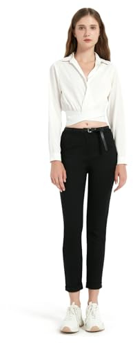 GLOWELFA Pantalon Femme Taille Haute Chic et Élégant Coupe Cigarette Ajustée pour Le Travail et Le Bureau