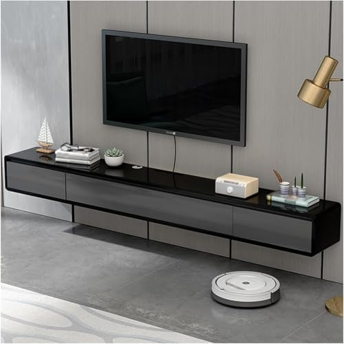 ZHENCHAO Schwebende TV-Konsole mit 2 Schubladen, wandmontiertes Medienregal, Grau + Schwarz, 140 cm, Aufbewahrung für kleine Wohnungen