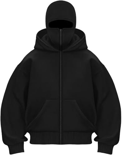 Zelbuck Herren Kapuzenpullover Mit Sturmhaube Hoodie Mit Reißverschluss Doppelter Kapuze Maskiertes Winddicht Warme Jacke Sweatshirt Freizeit Sweatshirt (Farbe1,S)