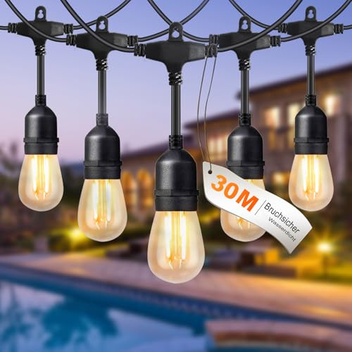 BRIMAX Guirlande Lumineuse Exterieure 30M, Guirlande LED Lumières Déco avec 30+2 Ampoules E27 S14 2W 2700 K, Guirlande Guinguette Exterieur Étanche IP44 pour Jardin, Terrasse, Party, Romantique
