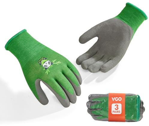Vgo... 3 Paia Bambini Giardinaggio Guanti Età 3-9|Bamboo Fiber & Naturale Lattice Grip|Traspirante Cantiere & Sicurezza Fai Da Te Guanti, Lavabile in Macchina (3 Paia, Taglia XXXS, Verde, RB6026-KID)