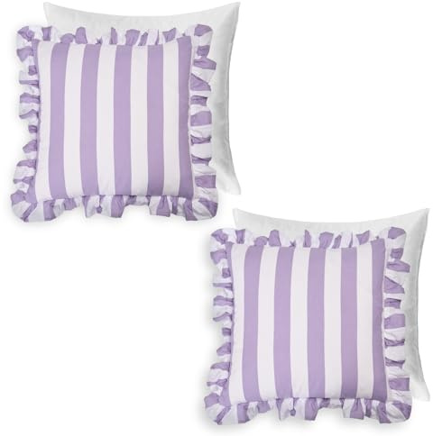 OHS Filled Cushions with Covers, Super Soft Decorative Striped Throw Pillows with Frill Edges Cushion Pads with Covers 2 Pack For Sofa Bed Livingroom, Lilac-45x45cm