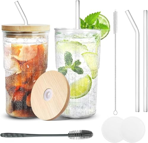 ROTKUSZ 2 Pièces Verres à Cocktail avec Paille en Verre 650ml, Chopes à Bière, Transparent Tasses à Café Glacé pour Smoothie, Bière, Cocktail, Cafe, Soda