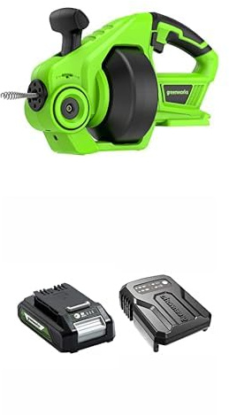 Greenworks G24DA Cordless Drain Auger 550rpm + 24V 2Ah Battery & Charger + 3 Year Guarantee