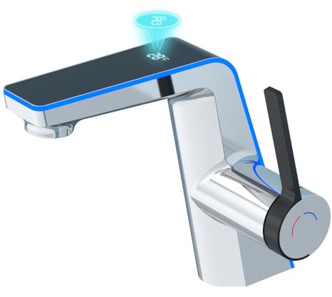 Temperature Bathroom tap,No Electrical Temperature Display Single Handle Bathroom Sink tap (Modern, Chrome Black)