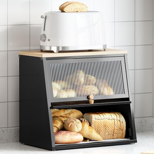 Urackify Large Bread Bin for Kitchen Storage - Black Bread Box | Bread Storage Containers | Breadbin with Striped Window, Wood Handle & Removable Layers | Biscuits & Pantry Items