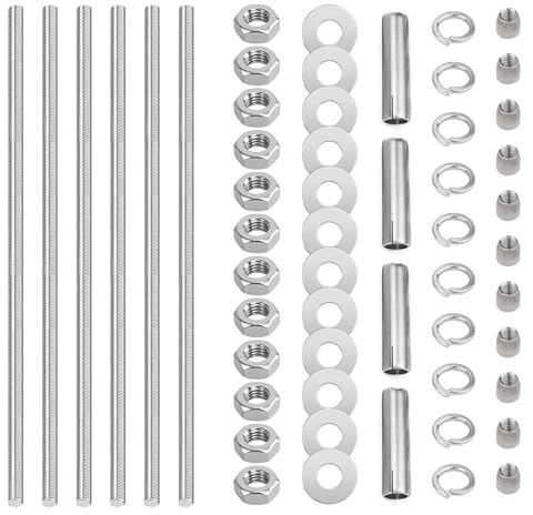 Lot de 6 tiges filetées M8 x 300 mm - Tiges filetées en acier au carbone - Vis à double filetage complet avec écrous et rondelles pour machines à fabriquer des meubles
