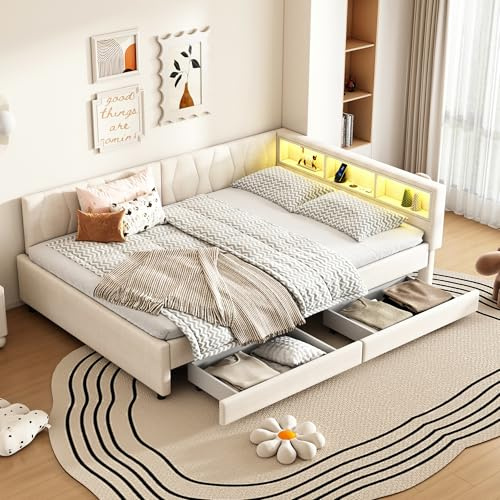 Lcoho Daybett, 140x200cm, Tagesbett, Schlafsofa, Ablagefach am Bett, USB+Typ C, Mit LED-Lichtleiste, mit Zwei Schubladen, mit Lattenrost (ohne Matratze), Leinen, Beige