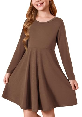 Haloumoning Vestido de niña de cuello redondo de manga larga para niños, monocolor, línea A, vestido informal, elegante, informal, vestidos de fiesta 5-14 años