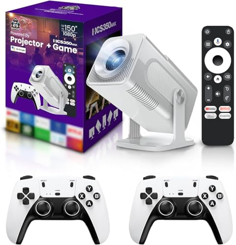 HCS350 Projecteur professionnel et jeu, projecteur de jeu intelligent rétro 4K 1280 x 1080p 30 000 jeux intégrés, jeu vidéo portable avec 2 manettes sans fil, WiFi 5G, Bluetooth, HDMI, Android 12